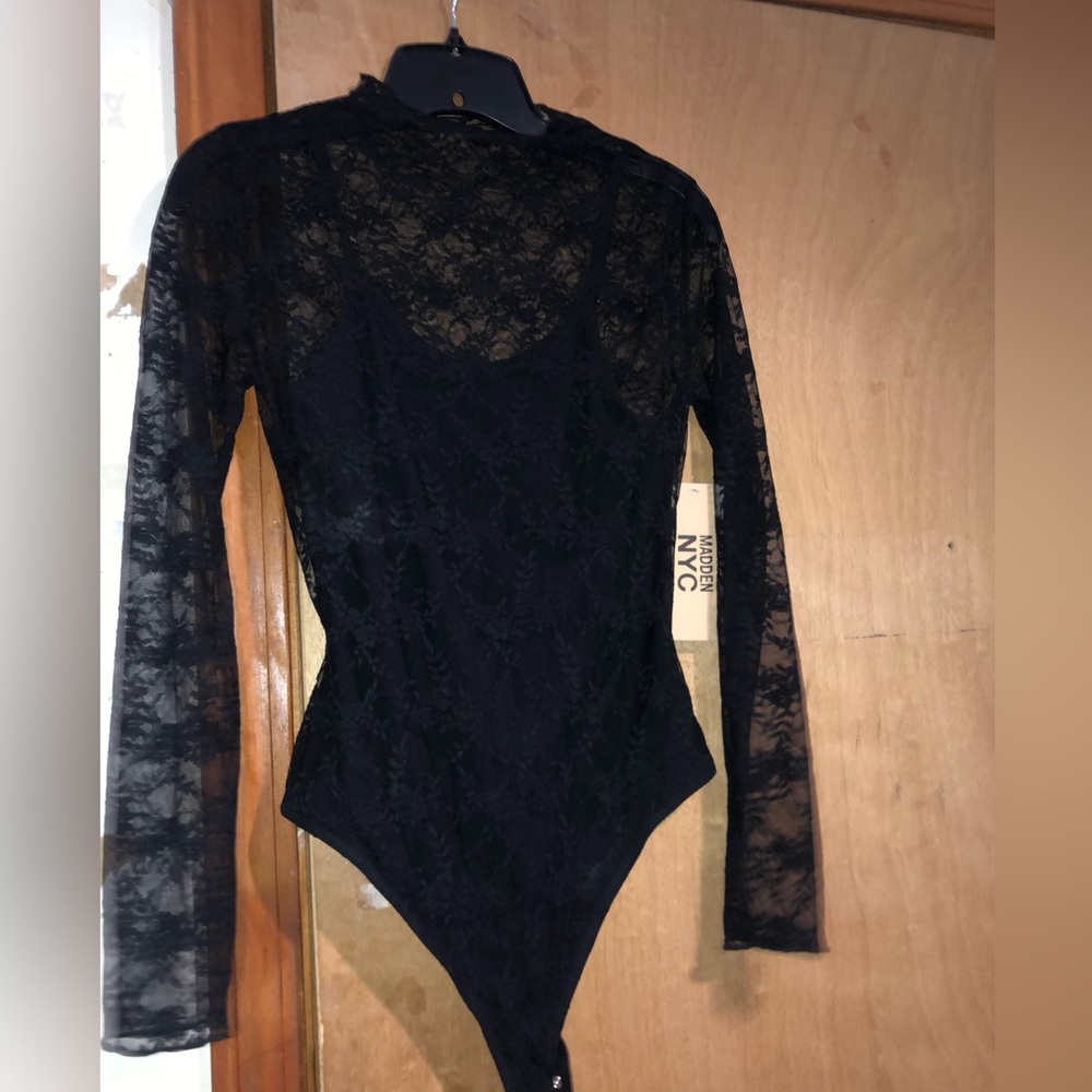 Black Lace Long Sleeve Thong Bodysuit